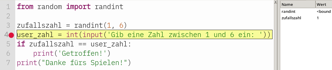 Breakpoint in Zeile 4